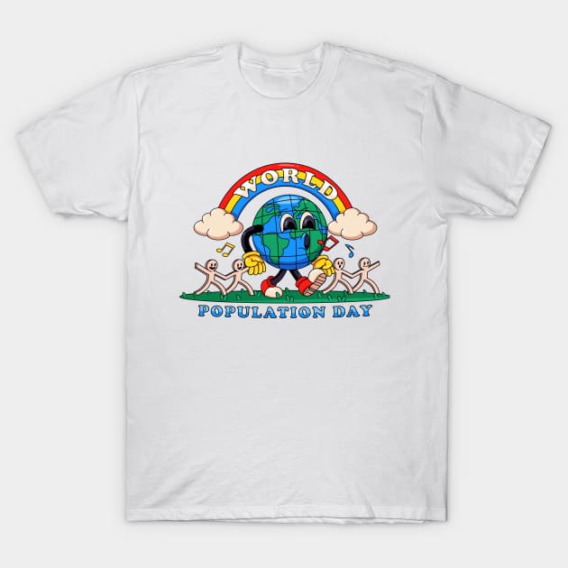 World population day, earth walks happily while holding on to paper humans T-Shirt by Vyndesign